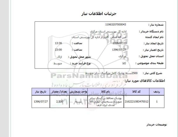 استعلام, استعلام 2500 بسته پوشک کامل بزرگسال