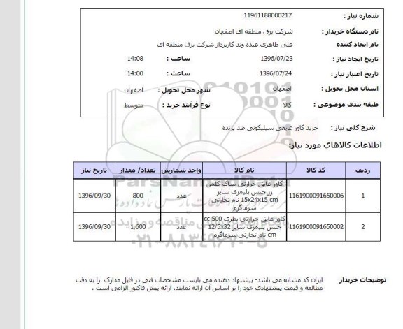 استعلام , استعلام خرید کاور عایقی سیلیکونی ضد پرنده