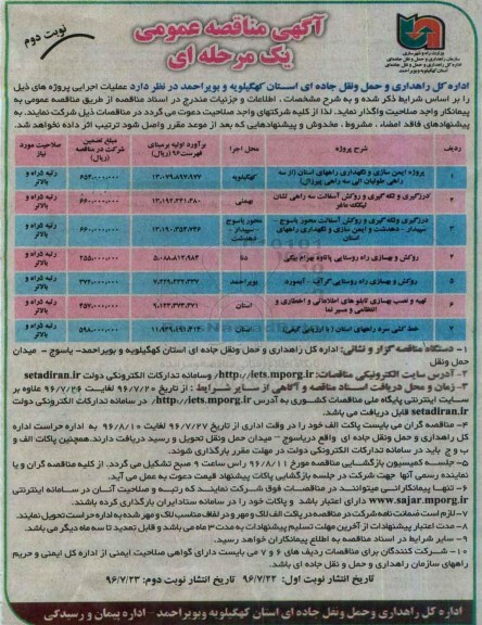 آگهی مناقصه عمومی یک مرحله ای، مناقصه پروژه ایمن سازی و نگهداری راههای استان ... نوبت دوم 