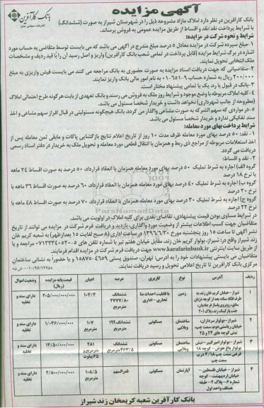 مزایده,مزایده فروش املاک کاربری مسکونی با قابلیت احداث بنا تجاری اداری