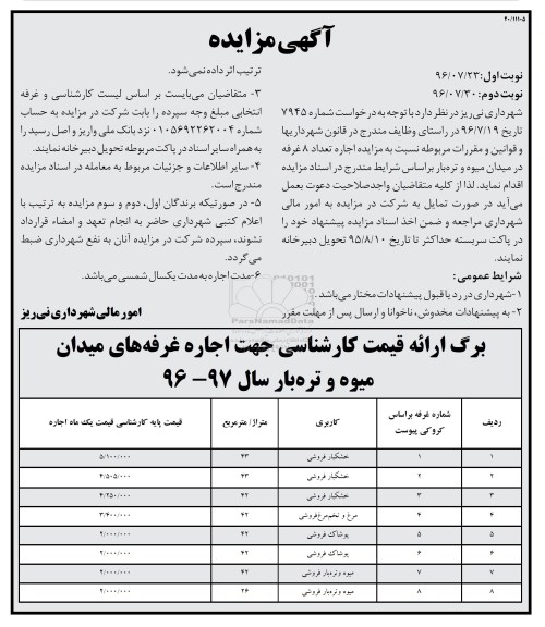 آگهی مزایده، مزایده اجاره تعداد 8 غرفه در میدان میوه و تره بار