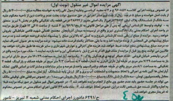 مزایده,مزایده سه دانگ از ششدانگ پلاک ثبتی بخش نه تبریز 