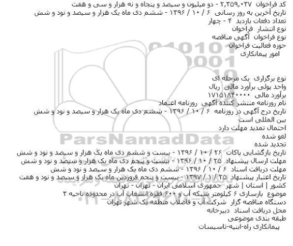 فراخوان مناقصه , فراخوان مناقصه بازسازی ۶ کیلومتر شبکه آب و ۶۰۰ فقره انشعاب آب