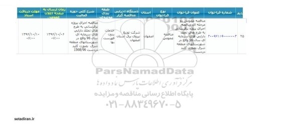 مناقصه اجرای پروژه برقرسانی به طرح های تملک دارایی های سرمایه ای