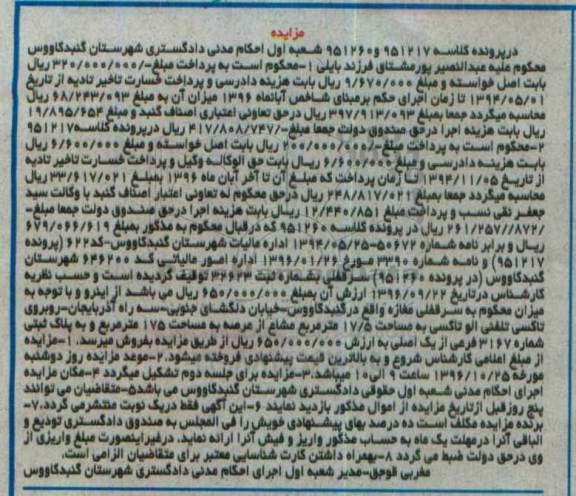 مزایده,مزایده سرقفلی مغازه مساحت 17.5متر مشاع از عرصه 175 متر