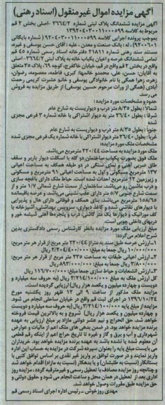مزایده,مزایده ششدانگ پلاک ثتبی مساحت 220.44متر
