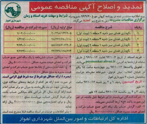 تمدید و اصلاح آگهی مناقصه عمومی، تمدید مناقصه نگهداری فضای سبز ناحیه ...