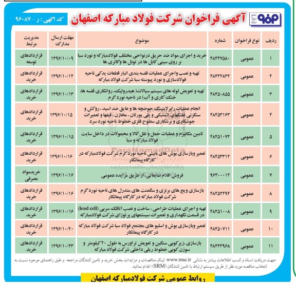 آگهی فراخوان, مناقصه تعمیر و بازسازی بوش های بابیتی ناحیه  نورد گرم 