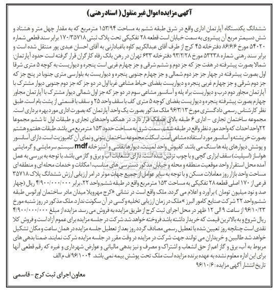 مزایده,مزایده ششدانگ آپارتمان اداری مساحت 153.94متر