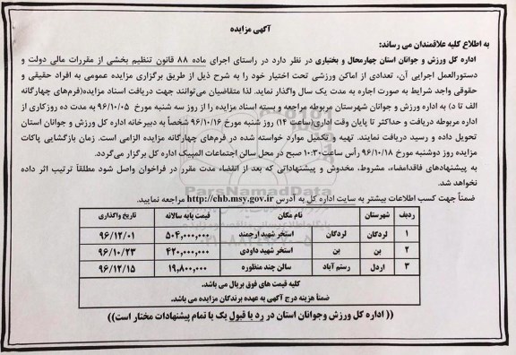 آگهی مزایده، مزایده واگذاری تعدادی از اماکن ورزشی