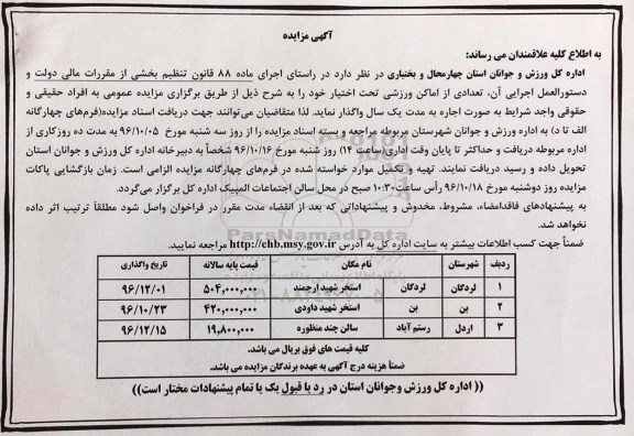 آگهی مزایده، مزایده واگذاری تعدادی از اماکن ورزشی 