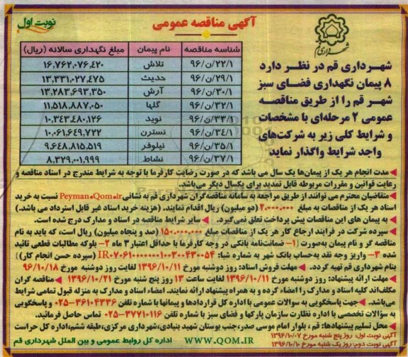 آگهی مناقصه عمومی, مناقصه واگذاری 8 پیمان نگهداری فضای سبز شهر قم