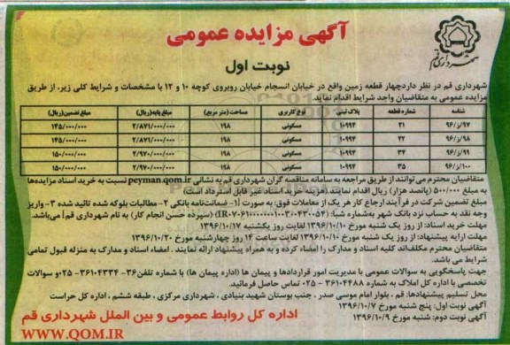 مزایده,مزایده چهار قطعه زمین کاربری مسکونی