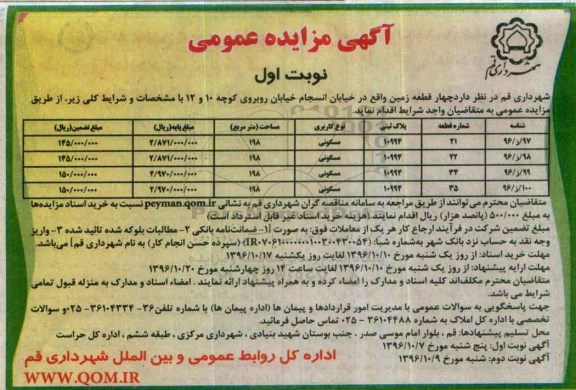 مزایده,مزایده چهار قطعه زمین کاربری مسکونی 