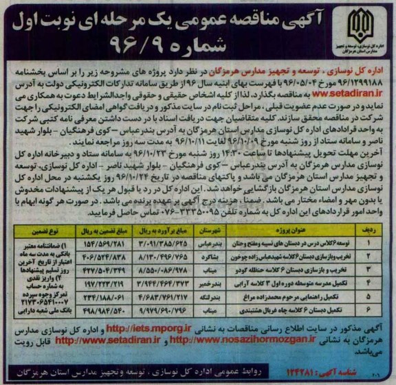 مناقصه , مناقصه توسعه 6 کلاس درس در دبستان های نسیبه