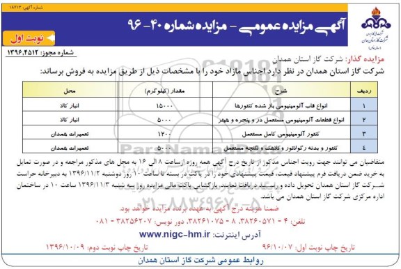 مزایده ،مزایده انواع قاب آلومینیومی باز شده کنتورها