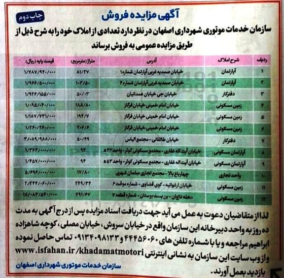 مزایده,مزایده فروش تعدادی از املاک نوبت دوم