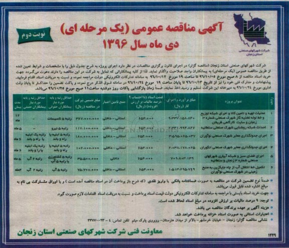 مناقصه , مناقصه عملیات تهیه و تامین کالا و اجرای شبکه توزیع و خط لوله تغذیه گاز و ...- نوبت دوم