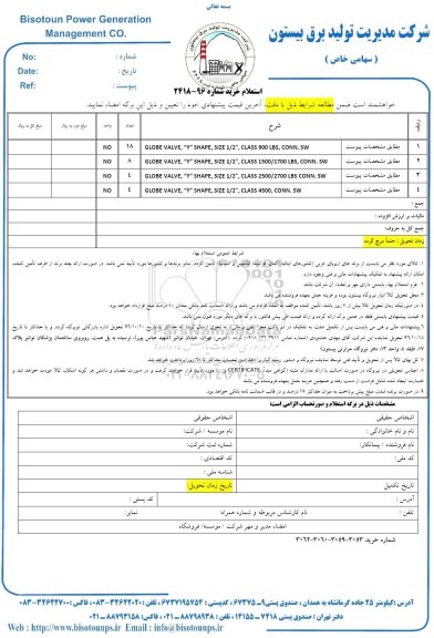 استعلام, استعلام GLOBE VALVE Y SHAPE