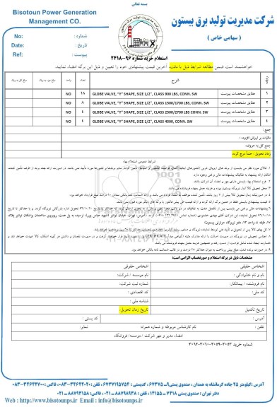 استعلام, استعلام GLOBE VALVE Y SHAPE 