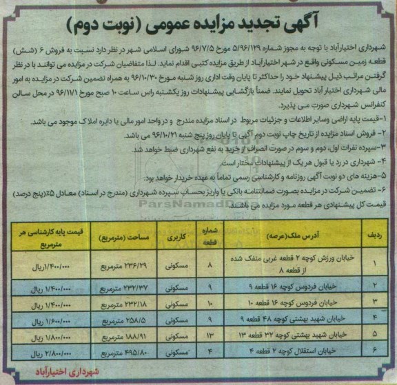 مزایده,مزایده فروش شش قطعه زمین مسکونی تجدید نوبت دوم 