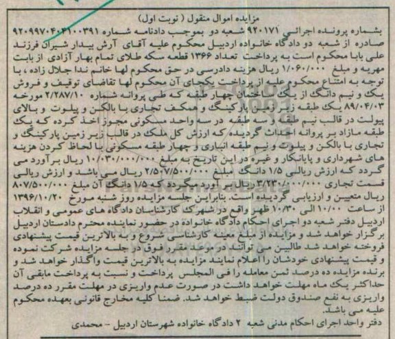مزایده,مزایده یک و نیم دانگ از ساختمان 4 طبقه