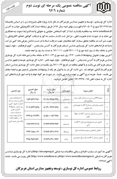 مناقصه , مناقصه  توسعه 6 کلاس درس در دبستان های نسیبه نوبت دوم