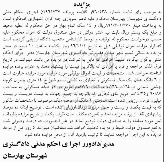 مزایده,مزایده ششدانگ اعیان ملک مسکونی تجاری 87.6متر