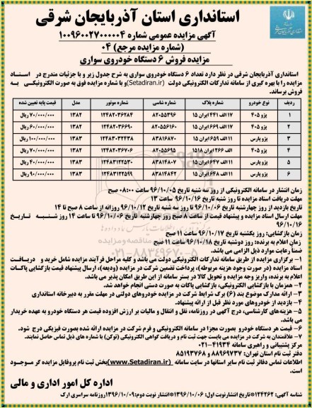 مزایده ,مزایده فروش 6 دستگاه خودروی سواری... نوبت دوم