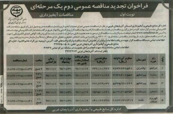 فراخوان تجدید مناقصه عمومی, مناقصه اجرای عملیات آبخیزداری- تجدید
