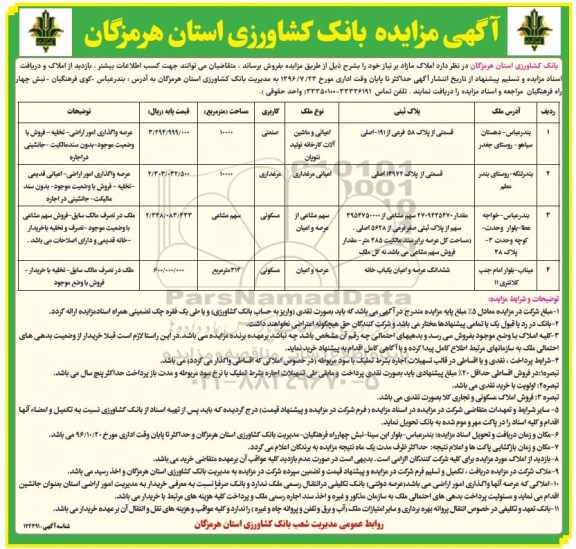 مزایده,مزایده فروش املاک مازاد بر نیاز کاربری صنعتی مسکونی مرغداری