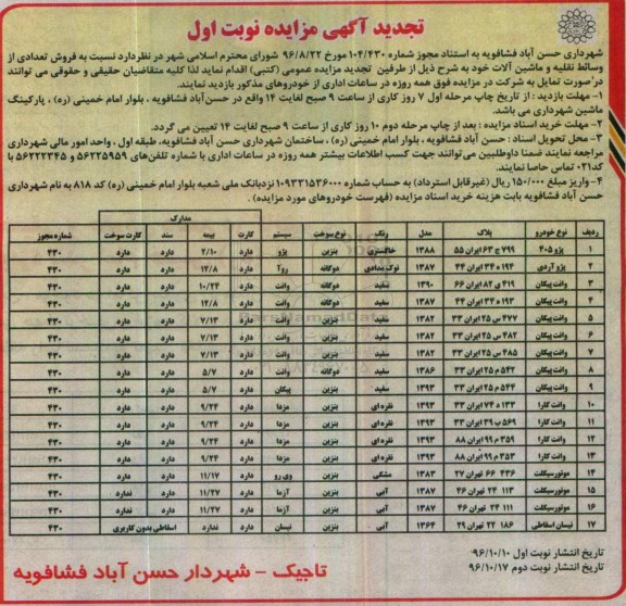 تجدید آگهی مزایده, مزایده فروش تعدادی از وسائط نقلیه و ماشین آلات -تجدید