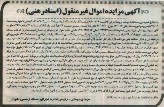 مزایده ,مزایده ششدانگ آپارتمان مساحت 77.09متر بخش هفت
