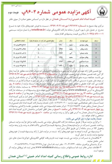 آگهی مزایده عمومی, مزایده فروش خودروهای مازاد نوبت دوم 