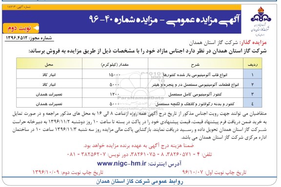 آگهی مزایده عمومی، مزایده انواع قاب آلومینیومی باز شده کنتورها - نوبت دوم