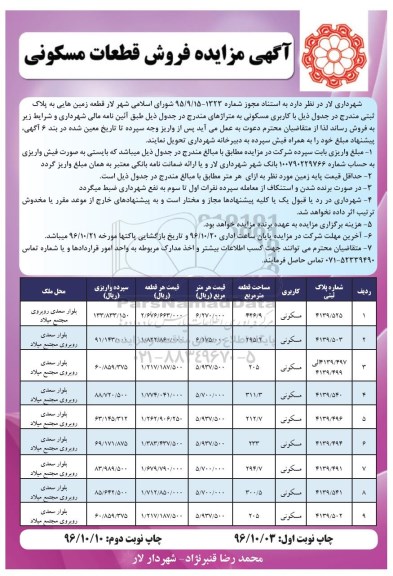 مزایده,مزایده فروش قطعات مسکونی نوبت دوم