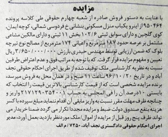 مزایده,مزایده منزل مسکونی عرصه 187متر