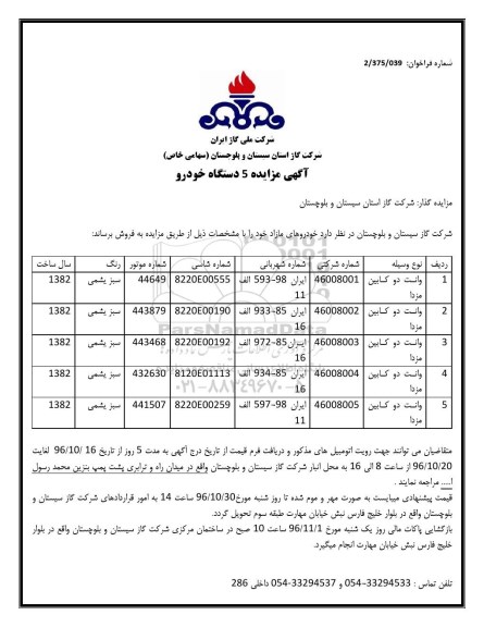 مزایده 5 دستگاه خودرو 