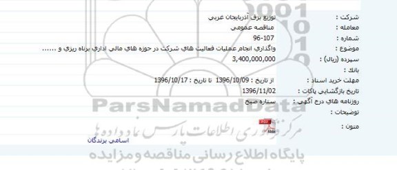 مناقصه, مناقصه واگذاری انجام عملیات فعالیت های شرکت در حوزه های مالی اداری برنامه ریزی...