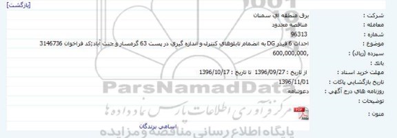 مناقصه احداث 6 فیدر DG به انضمام تابلوهای کنترل و اندازه گیری