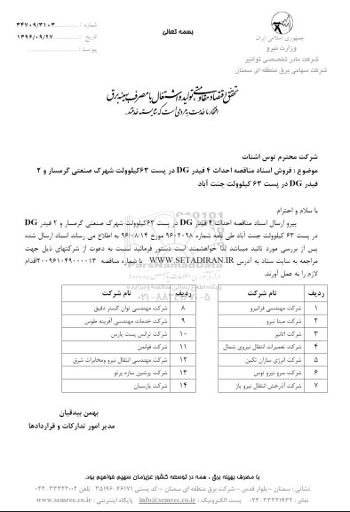 مناقصه احداث 4 فیدر DG در پست 63 کیلوولت