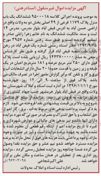 مزایده,مزایده ششدانگ یکباب منزل عرصه 250متر
