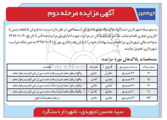 مزایده,مزایده فروش 5 قطعه زمین کاربری تجاری نوبت دوم