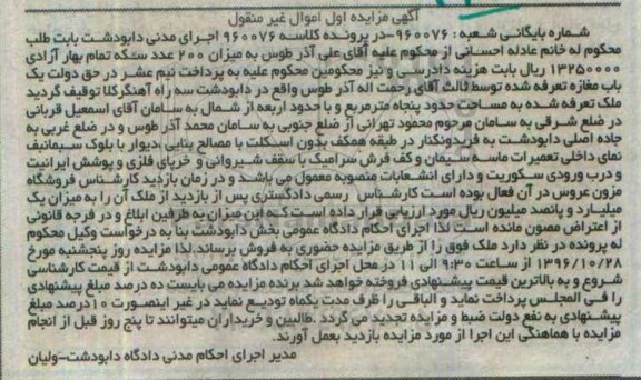 مزایده,مزایده یک باب مغازه مساحت 50 متر