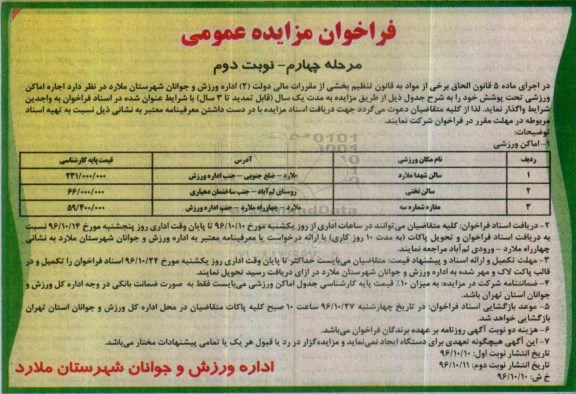 فراخوان مزایده عمومی , مزایده اجاره اماکن ورزشی مرحله چهارم نوبت دوم