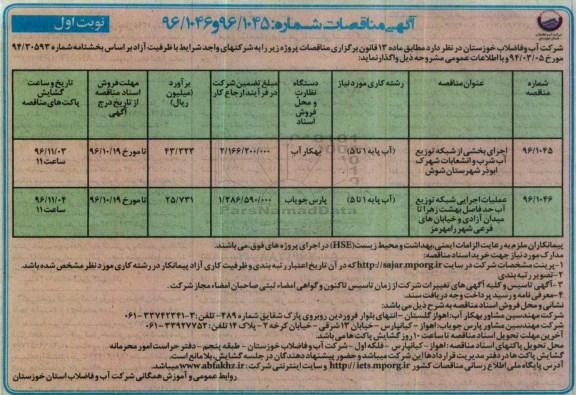 آگهی مناقصات, مناقصه اجرای بخشی از شبکه توزیع آب شرب و انشعابات ...