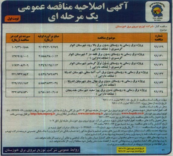 اصلاحیه آگهی مناقصه عمومی یک مرحله ای,مناقصه پروژه برق رسانی به روستای بدون برق