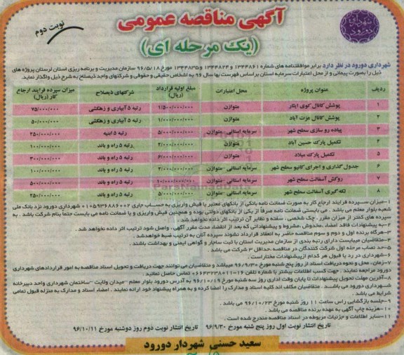 مناقصه عمومی، مناقصه پوشش کانال، پیاده روسازی، تکمیل پارک، جدول گذاری، روکش آسفالت و لکه گیری آسفالت