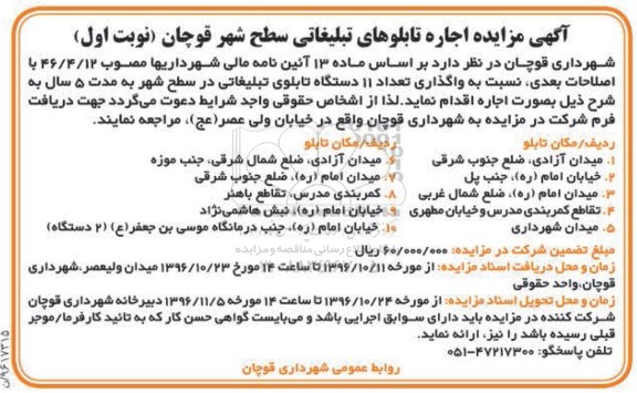 آگهی مزایده, مزایده اجاره تابلوهای تبلیغاتی سطح شهر
