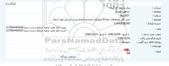 آگهی مناقصه , مناقصه خرید کابل و ملحقات خط 63 کیلو ولت